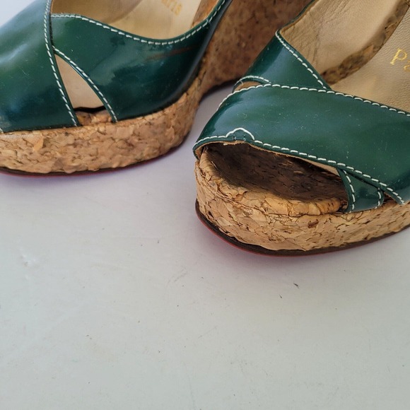 CHRISTIAN LOUBOUTIN Slingback Green Patent Cork Wedge Platform Shoe EU35,5 US 5 - Picture 2 of 10